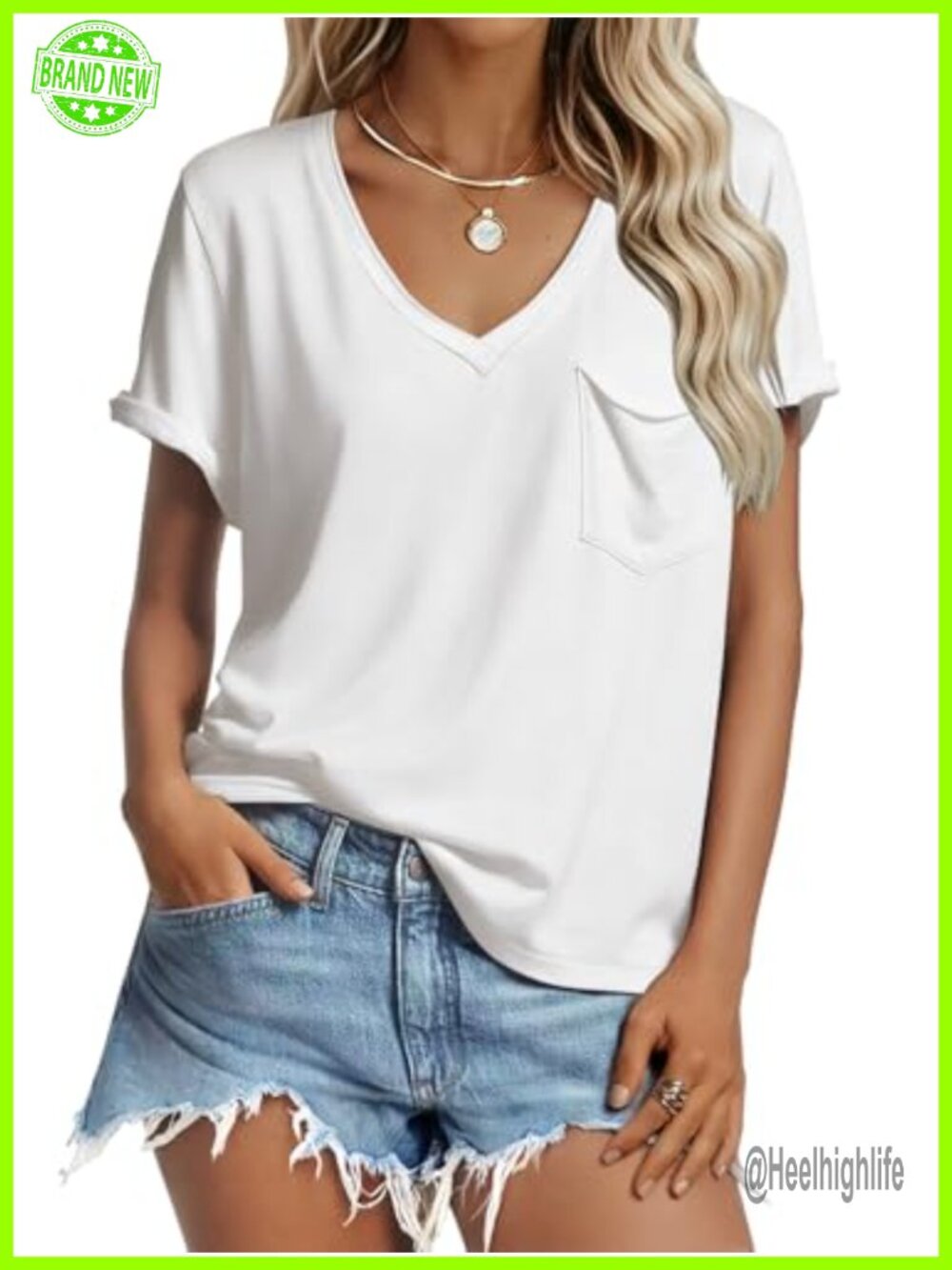Women's V-Neck Short Sleeve Oversized T-Shirt Rolled Cuff Casual Summer Tee
